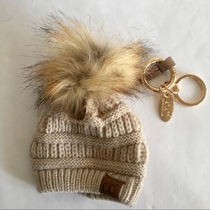 Tiny Knit Hat Key Chain with fur Pom Pom NEW
